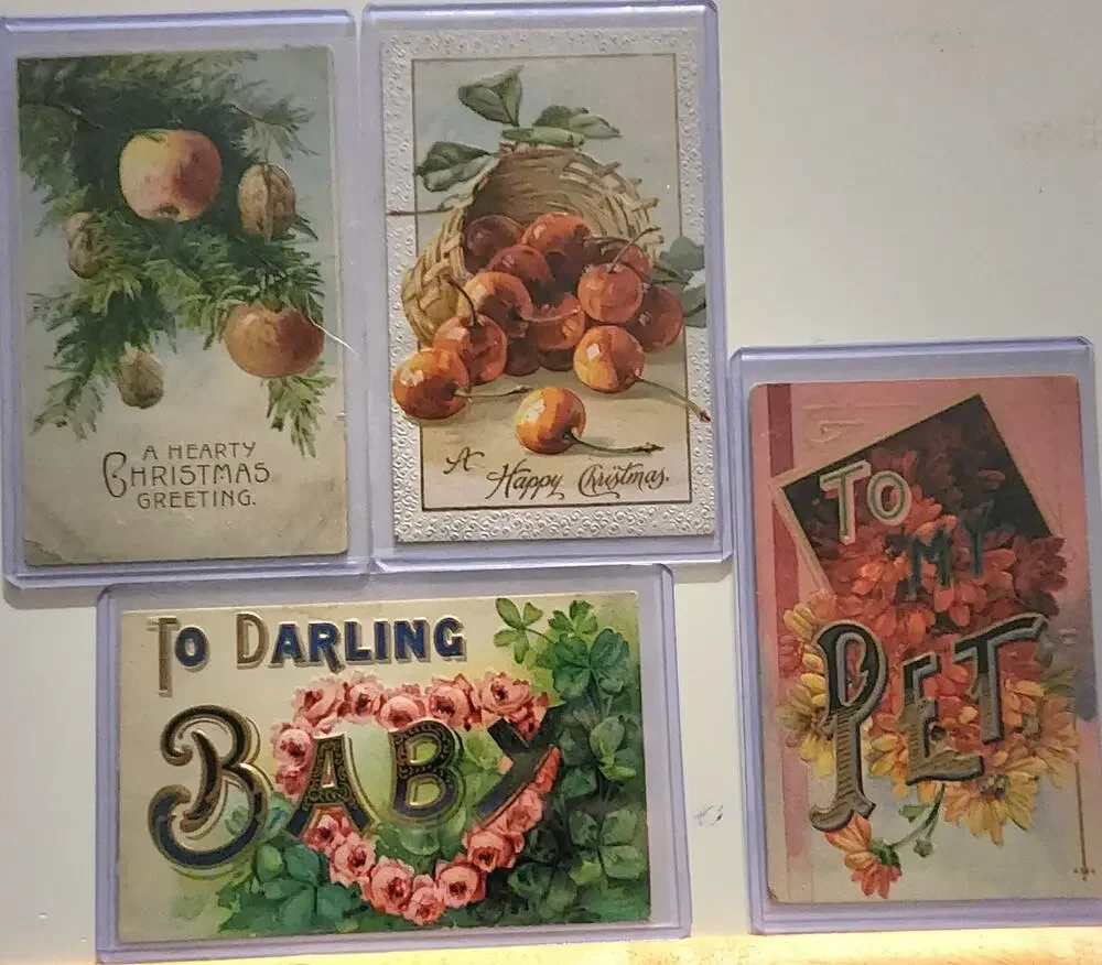 Lot Of Four Vintage Antique Embossed Postcards Christmas Baby Pet